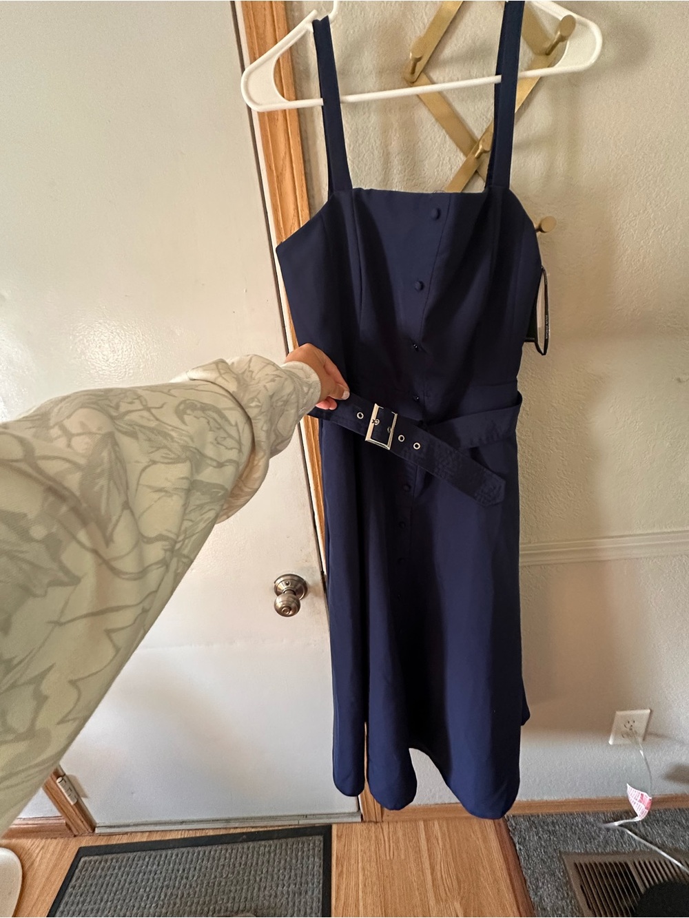 Julia Jordan Navy Belted Dress with Square Neck